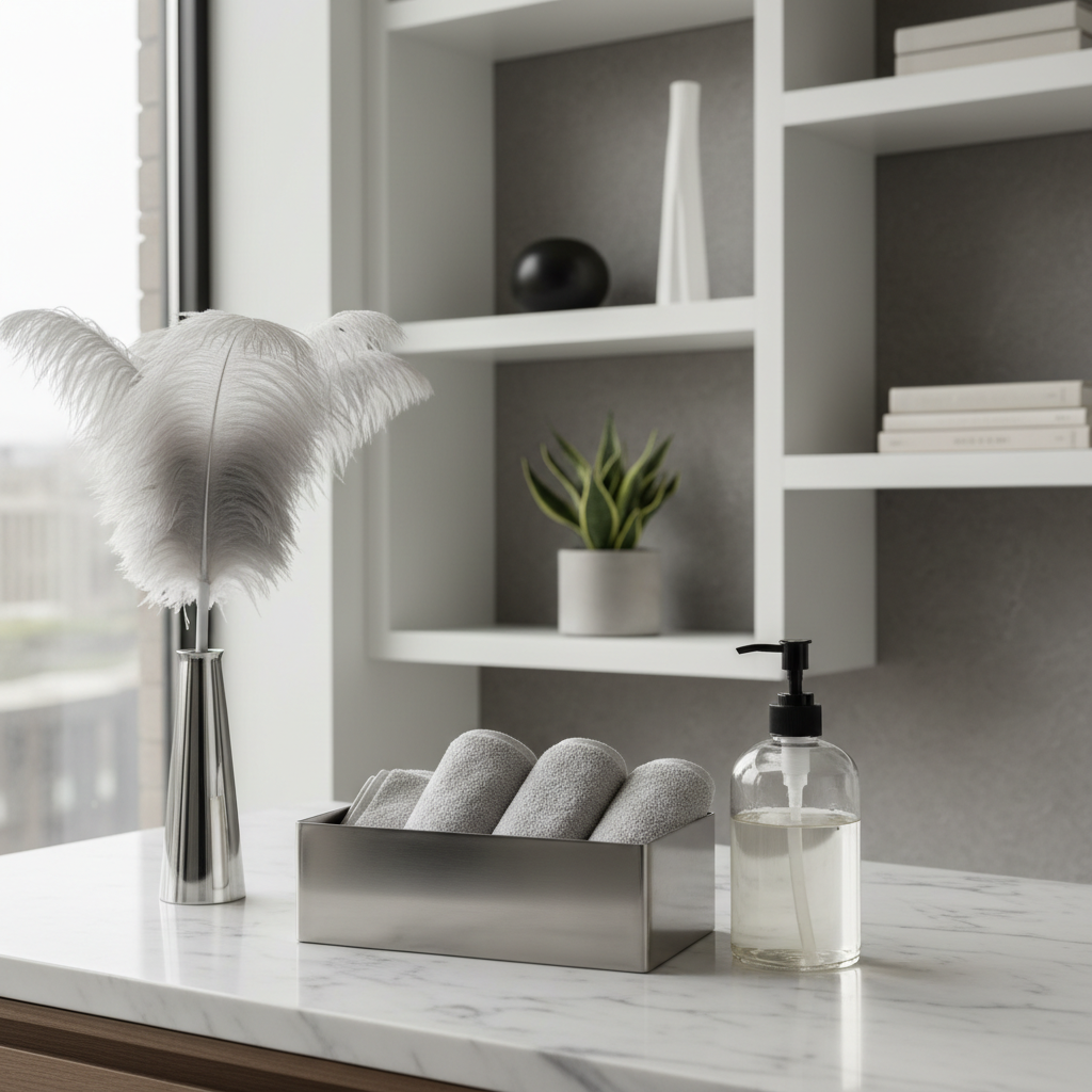 An elegant arrangement of curated home care essentials, including a brushed stainless steel caddy containing folded pale gray towels, a glass dispenser of liquid soap, and a polished chrome feather duster displayed on a crisp, marble countertop. The environment features a structured, semi-corporate living space with minimalistic décor: a muted stone accent wall, built-in white shelves sparsely populated with monochrome decorative objects, and a subtle indoor plant for a hint of organic texture. Indirect daylight from a nearby window creates soft highlights and gentle gradients across the scene. Captured from a slightly elevated angle with sharp focus, the balanced composition and neutral palette evoke a sense of refined diligence and attentive support.