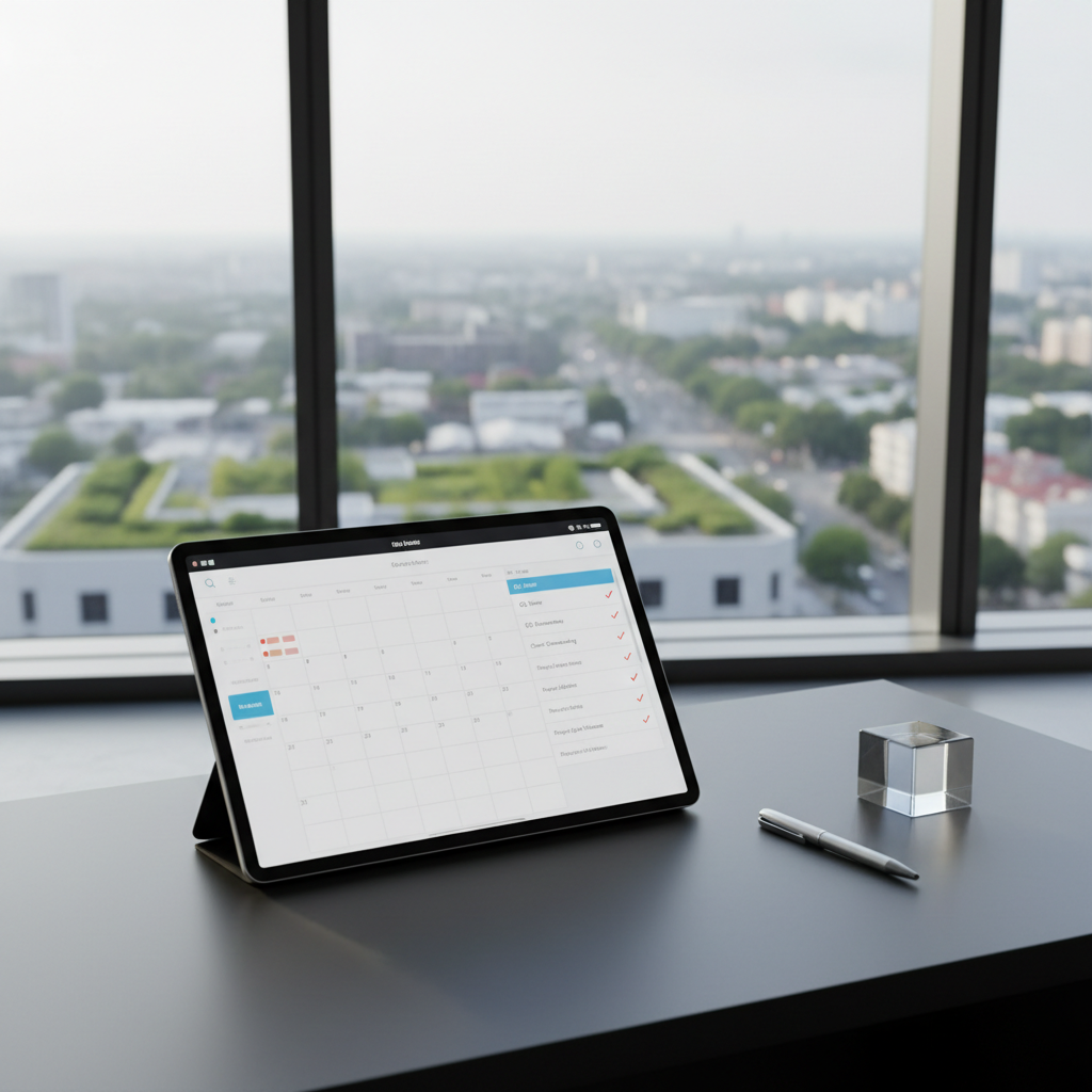 A contemporary project management setup on a sleek, low-gloss charcoal desk with a large, frameless digital tablet displaying an organized calendar and to-do list, next to a minimalist silver pen and a geometric frosted glass paperweight. Positioned in a high-rise office overlooking a blurred, greenery-filled urban landscape, the setting is calm, professional, and structured. Indirect morning light streams through large windows, casting subtle, consistent illumination without harsh shadows. The composition follows the rule of thirds, creating a sense of balanced productivity and premium lifestyle support. A clean photographic realism reinforces the image’s trustworthy, high-end corporate atmosphere.